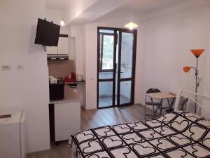 1 dormitorio con 1 cama y cocina con mesa en Palas Studios, en Iaşi