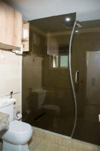 a bathroom with a shower and a toilet at Lit Suites in Abuja