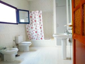 a bathroom with a toilet and a sink and a shower curtain at casa el lajiar in Orzola +29 photos