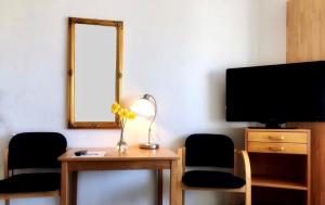 フレゼリシアにあるHotel Medio Fredericiaのテーブル、椅子2脚、テレビが備わる客室です。