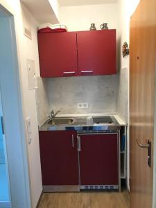 a small kitchen with red cabinets and a sink at BohnApart52 in Zwiesel +5 photos