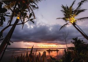 una puesta de sol en la playa con palmeras y un barco en The Postcard Galle en Galle