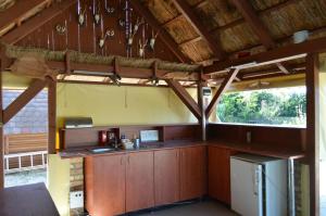 a kitchen in a house with wooden cabinets at Intertranscoop Lake House in Vámosszabadi