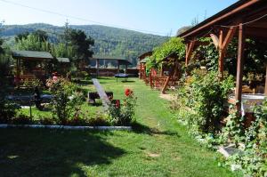 a garden with flowers and a house with mountains in the background at Pensiunea Orhideea in Gura Humorului