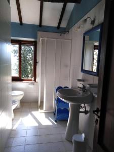 łazienka z umywalką, toaletą i lustrem w obiekcie Agritur Villa Osvaldo Castiglione del Lago Perugia Colazione Piscina acqua salata w mieście Castiglione del Lago
