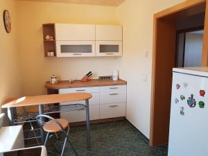 a small kitchen with a table and a refrigerator at Maisonette Geiseltal in Braunsbedra