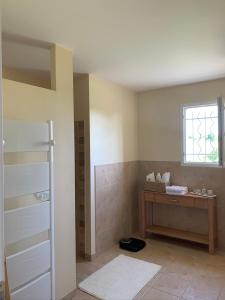 a bathroom with a shower with a sink and a window at Maison de vacances près de Marciac in Troncens