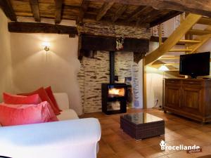 sala de estar con sofá y chimenea en Gîte Le Logis de l'Etang de l'Aune, en Iffendic