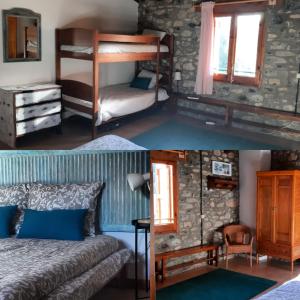 two pictures of a bedroom with a bunk bed at Alberg Rural La Rectoria de Pedra in Bellver de Cerdanya 