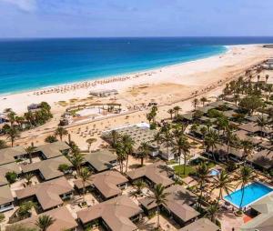 Hostels Holiday Cape Verde في سانتا ماريا: اطلالة جوية على شاطئ به نخيل والمحيط