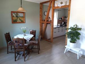 a dining room with a table and a mirror at Ferienhaus am Riesenberg in Ellrich