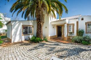 un palmier devant une maison blanche dans l'établissement Buganvilia by Algarve Villa Holidays, à Guia