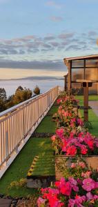 a balcony with flowers and a wooden railing at Aorangi Mountain Lodge in Rotorua