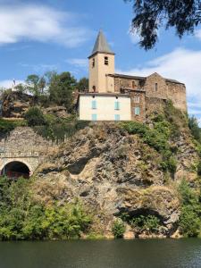 ein altes Schloss auf einem Hügel mit Wasser in der Unterkunft Les Gîtes du Rocher et de la Boucle du Tarn in Ambialet