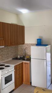 a kitchen with a white refrigerator and wooden cabinets at Stella Maisonette Hanioti in Hanioti