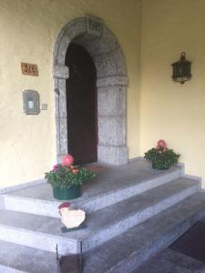 a building with two potted plants and a door at Landhaus Kurz in Golling an der Salzach