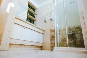 um banheiro com chuveiro e porta de vidro em Help Yourself Hostels - Restelo em Lisboa