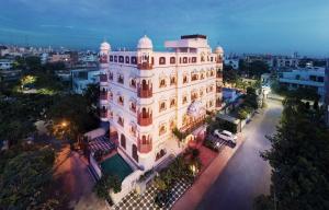 an overhead view of a large building at night at Pearl Palace Heritage Boutique Hotel in Jaipur