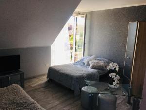 a bedroom with a bed and a glass table at U Wróbelka in Grzybowo