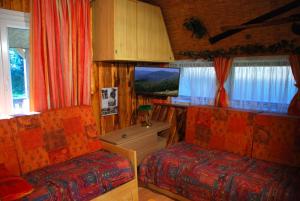 a bedroom with a couch and a bed and a table at Chalets des Trois Hêtres in Plombières-les-Bains