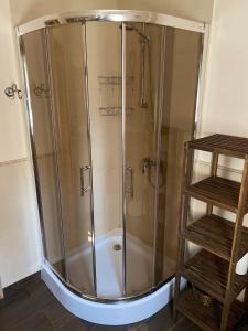 prysznic ze szklaną obudową w łazience w obiekcie Mazurskidom Zaścianek w mieście Świętajno