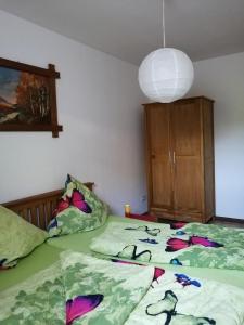 a bedroom with two beds with green sheets and a lamp at Haus Waldeck in Dasburg +5 photos