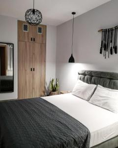 een slaapkamer met een bed en een houten kast bij Elements Studios in Néa Péramos