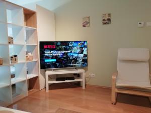 sala de estar con TV de pantalla plana y silla en Apartment B44, en Zagreb