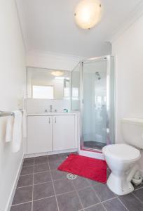 a bathroom with a toilet and a shower and a red rug at Cityview Studio Accommodation in Sydney