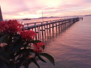 ein Pier mit roten Blumen vor dem Wasser in der Unterkunft Jansom Beach Resort in Ranong