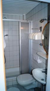 a bathroom with a toilet and a sink and a shower at Ferienwohnung Familie von Seggern in Bispingen