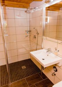 La salle de bains est pourvue d'un lavabo et d'une douche. dans l'établissement Ferienhaus Hexenschlummer - Schlafzimmer und romantischer Schlafboden, à Thale