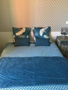 um quarto com uma cama azul e 2 almofadas em Chambres au Domaine de Seraincourt em Seraincourt