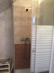 沙羅什保陶克的住宿－Katalin vendégház，浴室里设有玻璃门淋浴
