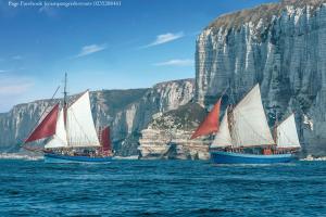 two boats with sails in the water near a mountain at Aux Premières Loges in Fécamp