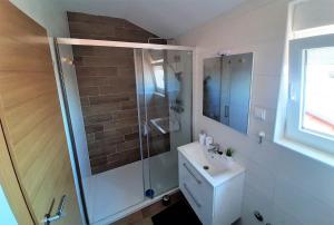 a bathroom with a shower and a white sink at Holiday Home Aurora in Ližnjan +36 photos