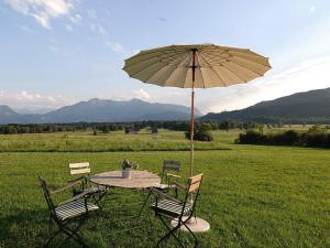 a table and chairs with an umbrella in a field at Seeleitenhof in Sindelsdorf