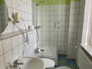 y baño con aseo, lavabo y ducha. en Hotel Elfenberg, en Schieder-Schwalenberg