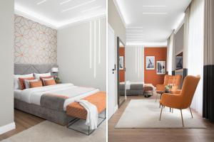 une chambre avec un lit et un salon dans l'établissement Brill Budapest Apartments 6, à Budapest