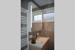 een badkamer met een wastafel en een spiegel bij Aylise vakantiehuis in Oostende
