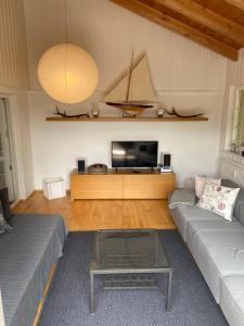 ein Wohnzimmer mit einem Sofa und einem Flachbild-TV in der Unterkunft Apartment am Wildbach - Radeln, Wandern, Natur, Urlaub mit Hund in Fischbachau