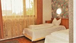Habitación con 2 camas y ventana en Hotel Sonne, en Sibiu