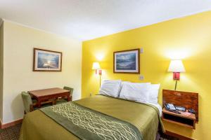 a small hotel room with a bed and a desk at Econo Lodge Morgantown in Morgantown