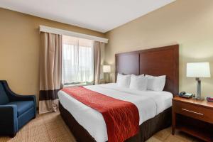 a hotel room with a large bed and a blue chair at Comfort Inn & Suites Page at Lake Powell in Page