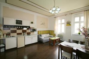 カルロヴィ・ヴァリにあるApartment No 8 Zeyerova 17のキッチン、リビングルーム(ソファ、テーブル付)