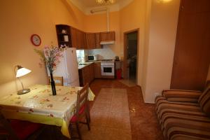 a kitchen with a table with a vase of flowers on it at Apartment No. 2 Tržiště 29 in Karlovy Vary +5 photos