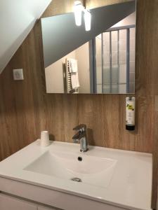 een badkamer met een wastafel en een spiegel bij LOGIS - Hôtel Saint Nicolas in Chaumont-en-Vexin