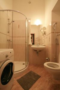 une salle de bain avec une douche, des toilettes et un lavabo dans l'établissement Apartment No. 25 T.G.Masaryka 13 s výtahem, à Karlovy Vary