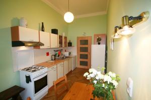 La cuisine est équipée d'une table et de plaques de cuisson blanches. dans l'établissement Apartment No. 25 T.G.Masaryka 13 s výtahem, à Karlovy Vary 11 autres photos