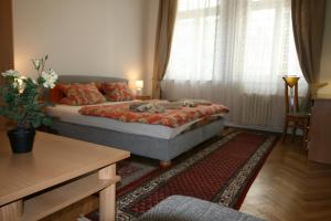 une petite chambre avec un lit et une fenêtre dans l'établissement Apartment No. 25 T.G.Masaryka 13 s výtahem, à Karlovy Vary